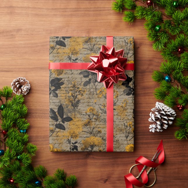 Vintage Botanical Florals Handwritten Background Wrapping Paper (Holiday Gift)