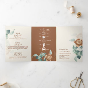 Vintage Botanical Flower Wedding Tri-Fold Invitation