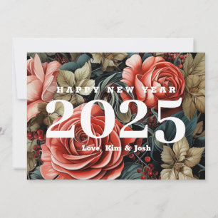Vintage Botanical Flowers Happy New Year 2025 Holiday Card