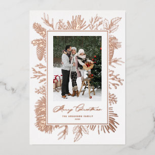 Vintage Botanical Frame Christmas Photo Rose Gold Foil Holiday Card