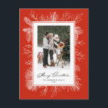 Vintage Botanical Frame Red Merry Christmas Photo Holiday Postcard<br><div class="desc">Merry Christmas! Send Christmas greetings with this vintage theme holiday photo postcard. It features vintage line art of pinecones,  pine needles and hollies with a red background. Personalise by adding your photo,  names,  year and message. This vintage Christmas photo postcard is available in other colours. Matching items are available.</div>