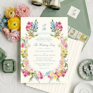 vintage botanical french floral monogram wedding invitation