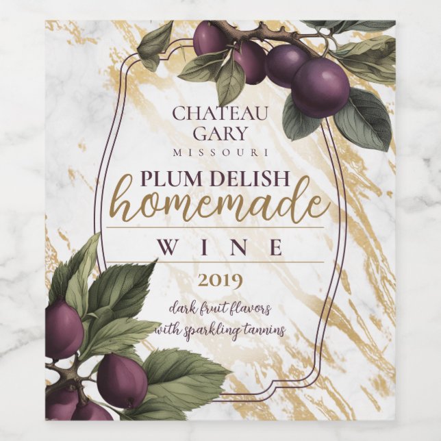 Vintage botanical fruit plum branch personalised wine label (Single Label)