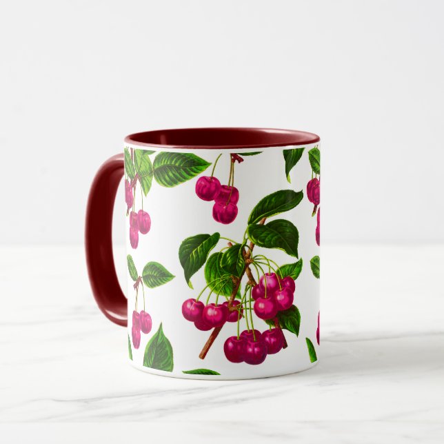 Vintage Botanical Fuchsia Pink Cherries Print Mug (Front Left)