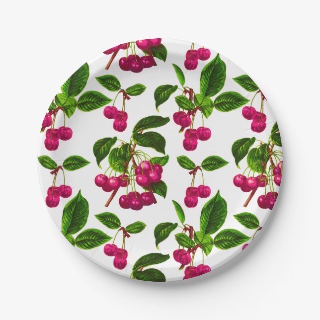 Vintage Botanical Fuchsia Pink Cherries Print Paper Plate (Front)