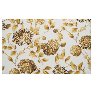 Vintage Botanical Gold Floral Toile Cotton Twill Fabric