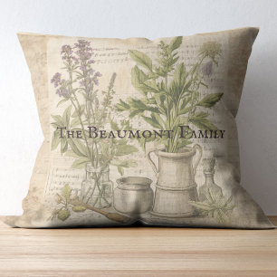 Vintage botanical herbs old script farmhouse cushion