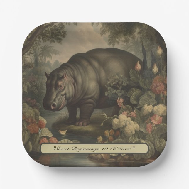 Vintage Botanical Hippo, customisable  Paper Plate (Front)