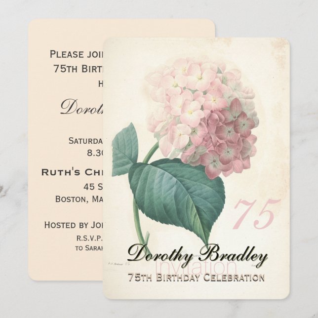 Vintage Botanical Hydrangea 75th Birthday Party FC Invitation (Front/Back)
