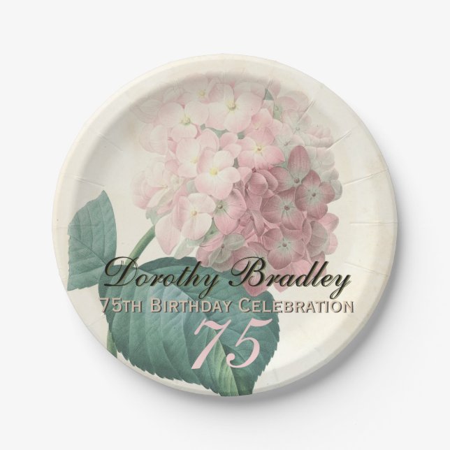 Vintage Botanical Hydrangea 75th Birthday Party PP Paper Plate (Front)
