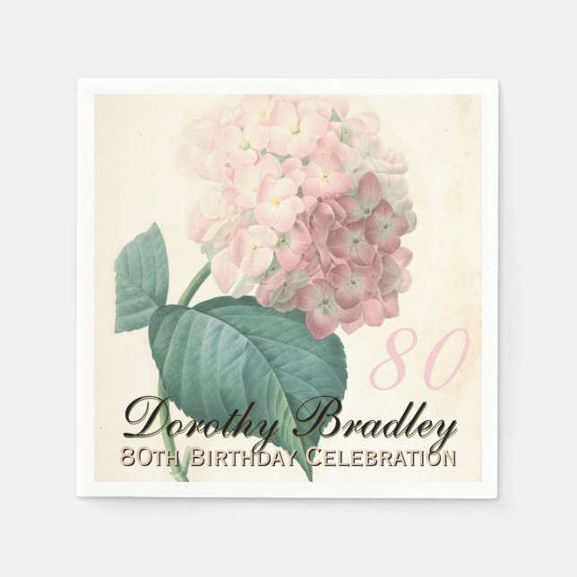 Vintage Botanical Hydrangea 80th Birthday Party PN Napkin (Front)