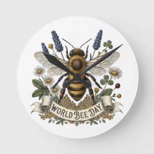 Vintage Botanical Illustration for World Bee Day w Round Clock