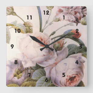 vintage botanical illustration, pink rose square wall clock