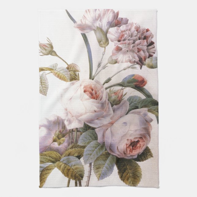 vintage botanical illustration, pink rose tea towel (Vertical)