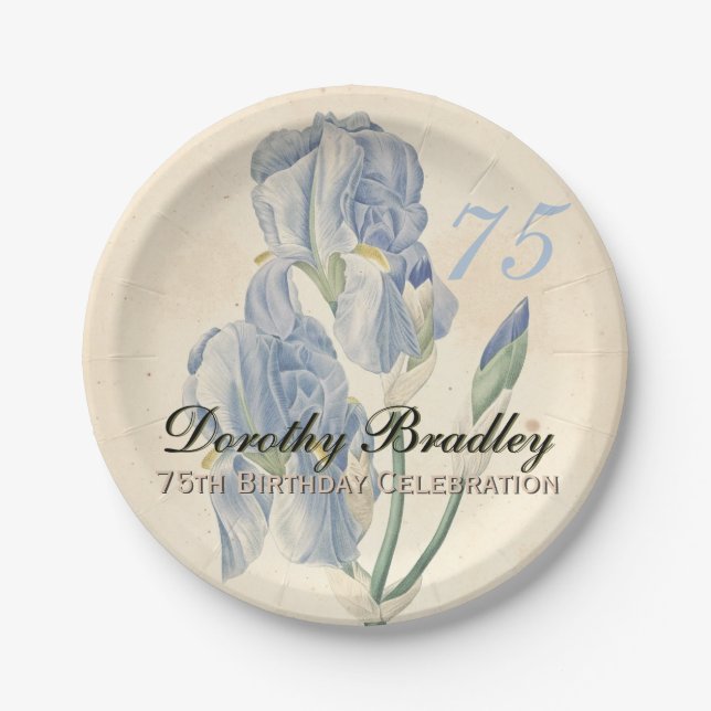 Vintage Botanical Irises 75th Birthday Party PP Paper Plate (Front)