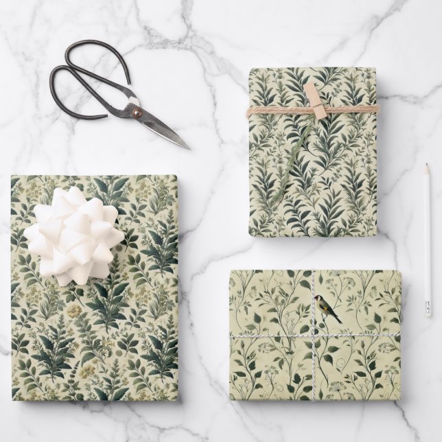 Vintage Botanical Ivory/Sage Wrap Decoupage Papers Wrapping Paper Sheet (Front)