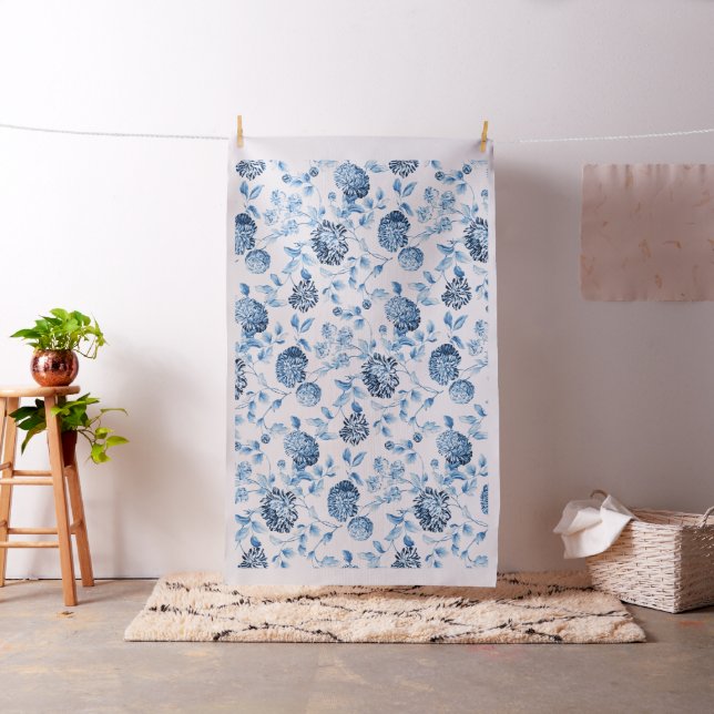 Vintage Botanical Lady Blue Floral Toile Cotton Fabric (In Situ)