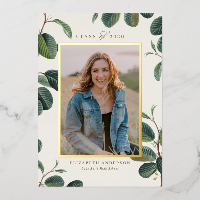 Vintage Botanical Leaves Beige Photo Graduation (Front)