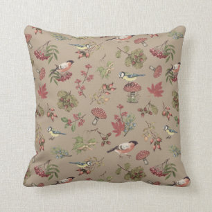 Vintage Botanical Leaves Berries Plants and Birds Cushion