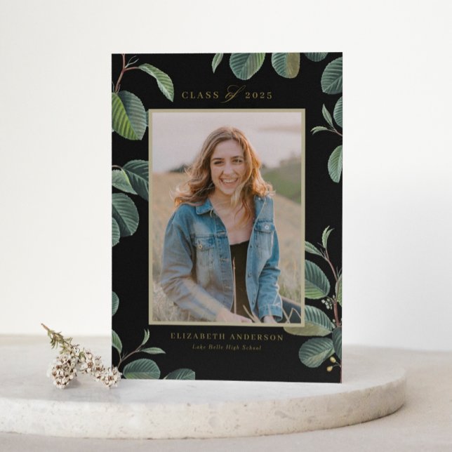 Vintage Botanical Leaves Black Photo Graduation Invitation (Customizable botanical photo graduation invitation featuring watercolor greenery and elegant script.)