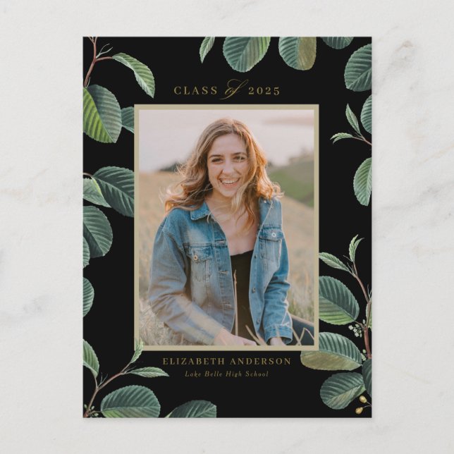 Vintage Botanical Leaves Black Photo Graduation Postcard (Front)