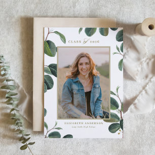 Vintage Botanical Leaves White Photo Graduation Invitation
