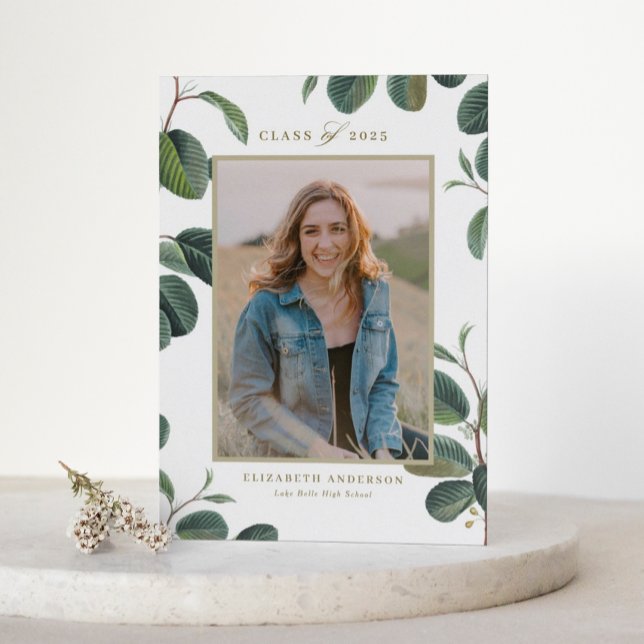 Vintage Botanical Leaves White Photo Graduation Invitation (Customizable botanical photo graduation invitation featuring watercolor greenery and elegant script.)