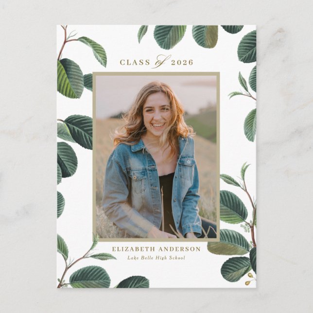 Vintage Botanical Leaves White Photo Graduation Postcard (Front)