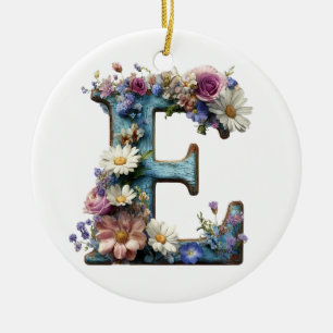 Vintage Botanical Letter E Floral Ceramic Ornament