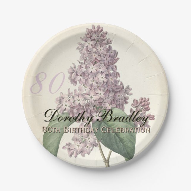 Vintage Botanical Lilac 80th Birthday Party PP Paper Plate (Front)