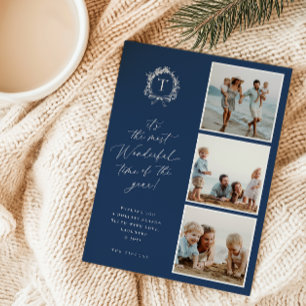 Vintage Botanical Monogram 3 Photo Holiday Card