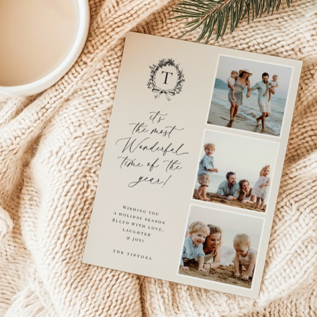 Vintage Botanical Monogram 3 Photo Holiday Card (Creator Uploaded)