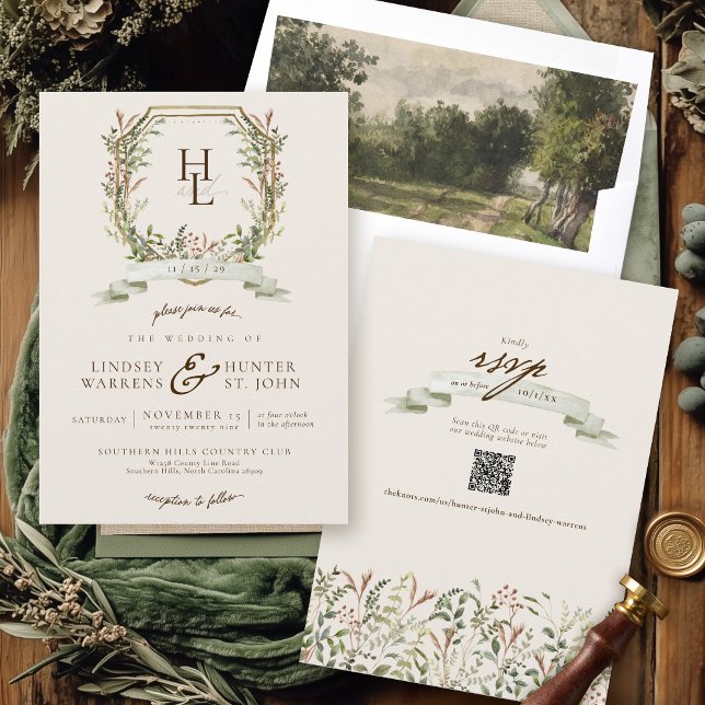 Vintage Botanical Monogram Crest Elegant Wedding Invitation (Vintage watercolor botanical monogram crest elegant sage green brown ivory QR code wedding invite)