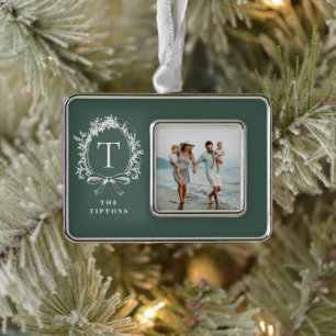 Vintage Botanical Monogram Green Silver Plated Framed Ornament