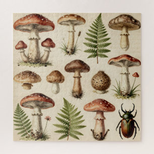 Vintage Botanical Mushroom Fern Collage Jigsaw Puzzle