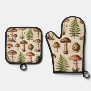 Vintage Botanical Mushroom Fern Collage Oven Mitt & Pot Holder Set