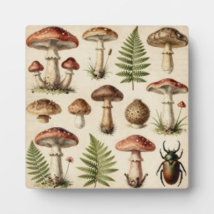 Vintage Botanical Mushroom Fern Collage Plaque