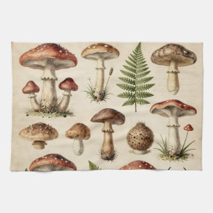 Vintage Botanical Mushroom Fern Collage Tea Towel