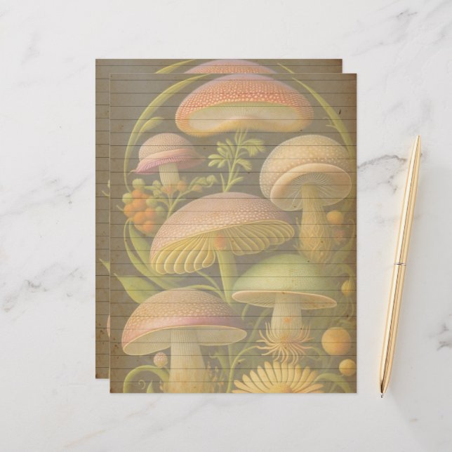 Vintage Botanical Mushrooms Scrapbook Paper (Front/Back In Situ)