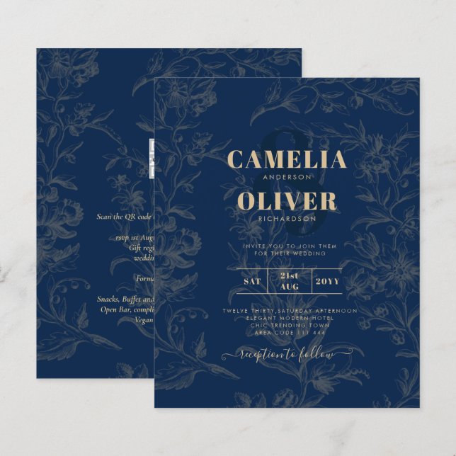 Vintage BOTANICAL Navy Blue Gold Wedding (Front/Back)