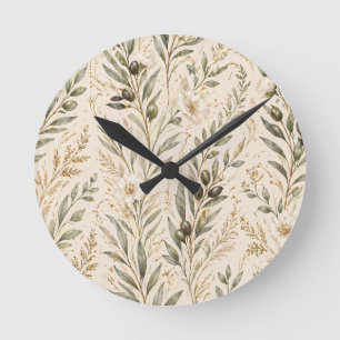 Vintage Botanical Olive Branches & Ivory Floral Round Clock
