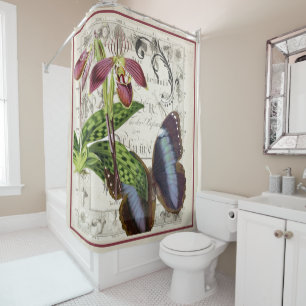 Vintage Botanical orchid and butterfly Shower Curtain