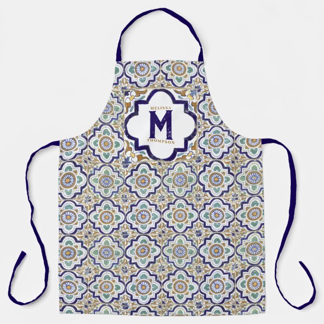 Vintage Botanical Ornamental Tiles Monogram  Apron (Front)