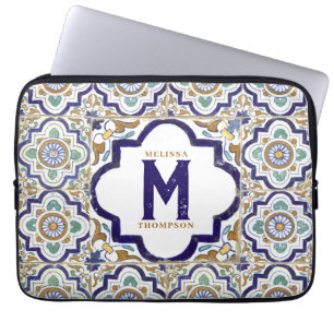 Vintage Botanical Ornamental Tiles Monogram Laptop Sleeve