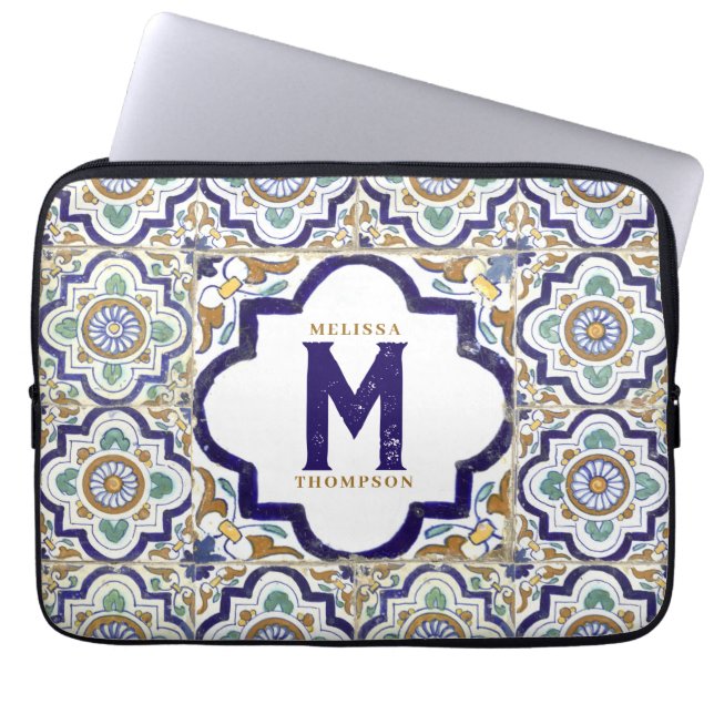 Vintage Botanical Ornamental Tiles Monogram Laptop Sleeve (Front)