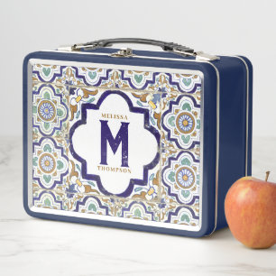 Vintage Botanical Ornamental Tiles Monogram Metal Lunch Box
