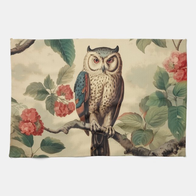 Vintage Botanical Owl in Forest Tea Towel (Horizontal)