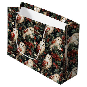 Vintage Botanical Owl Pattern with Floral Accents Large Gift Bag