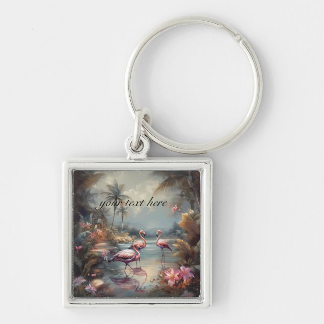 vintage botanical painting flamingos customisable key ring (Front)
