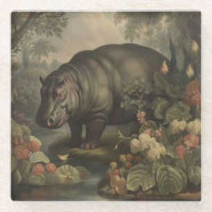 Vintage botanical painting of a hippo and flowers glass coaster